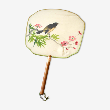 Éventail écran à main en soie et bambou - décor oiseau fleurs peint main chine