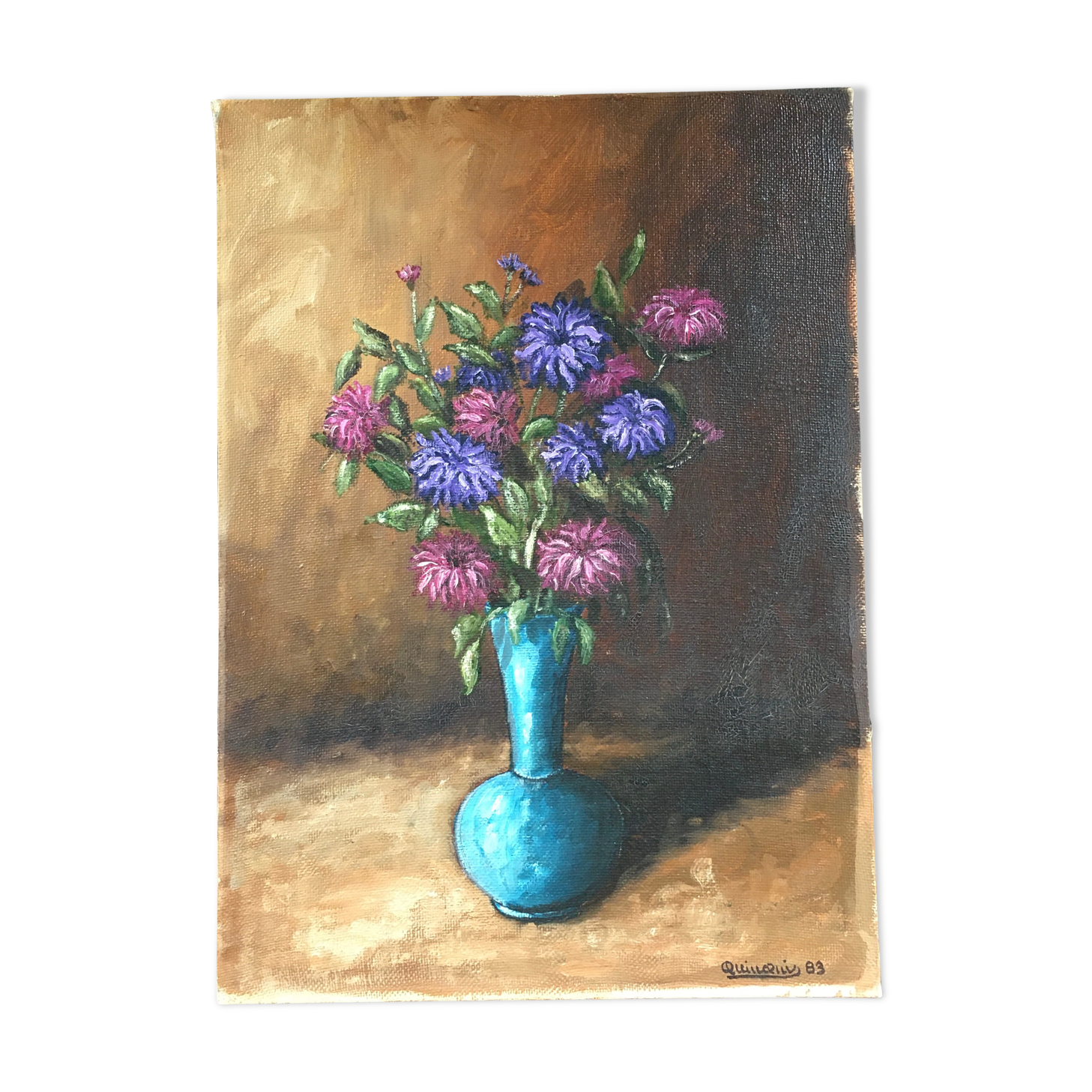 Tableau bouquet dans vase turquoise