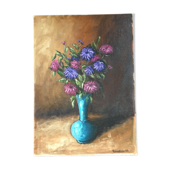 Tableau bouquet dans vase turquoise