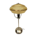 Lampe de table originale  sur pied inox & globe givré art déco jaune et or