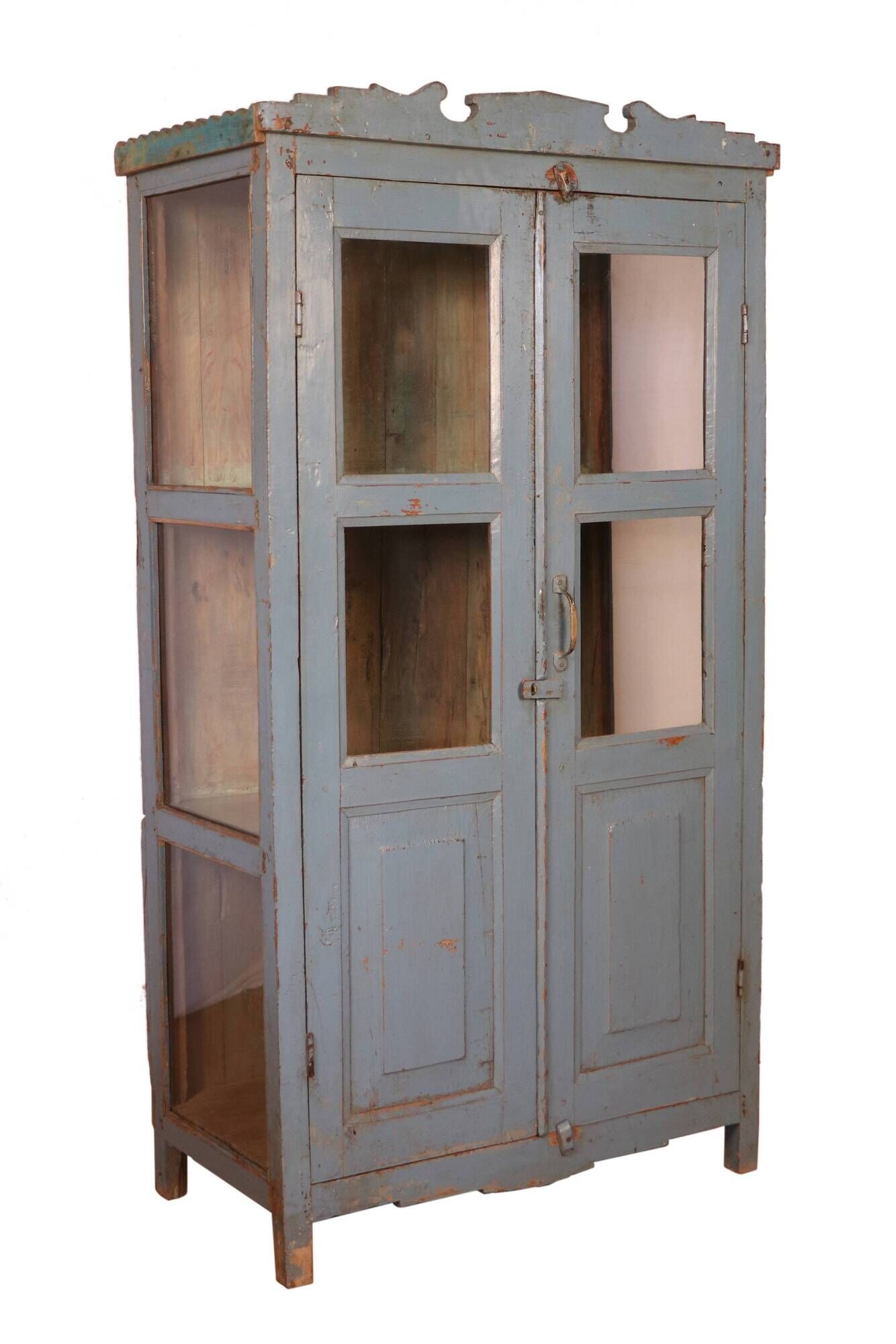 Old art deco display case in original Burmese teak with gray-blue patina