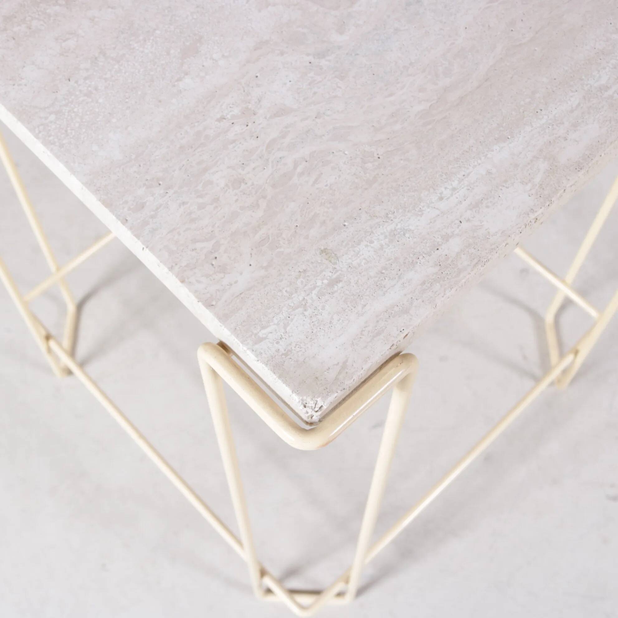 1980s side table beige metal frame with travertine top in the style of Max Sauze