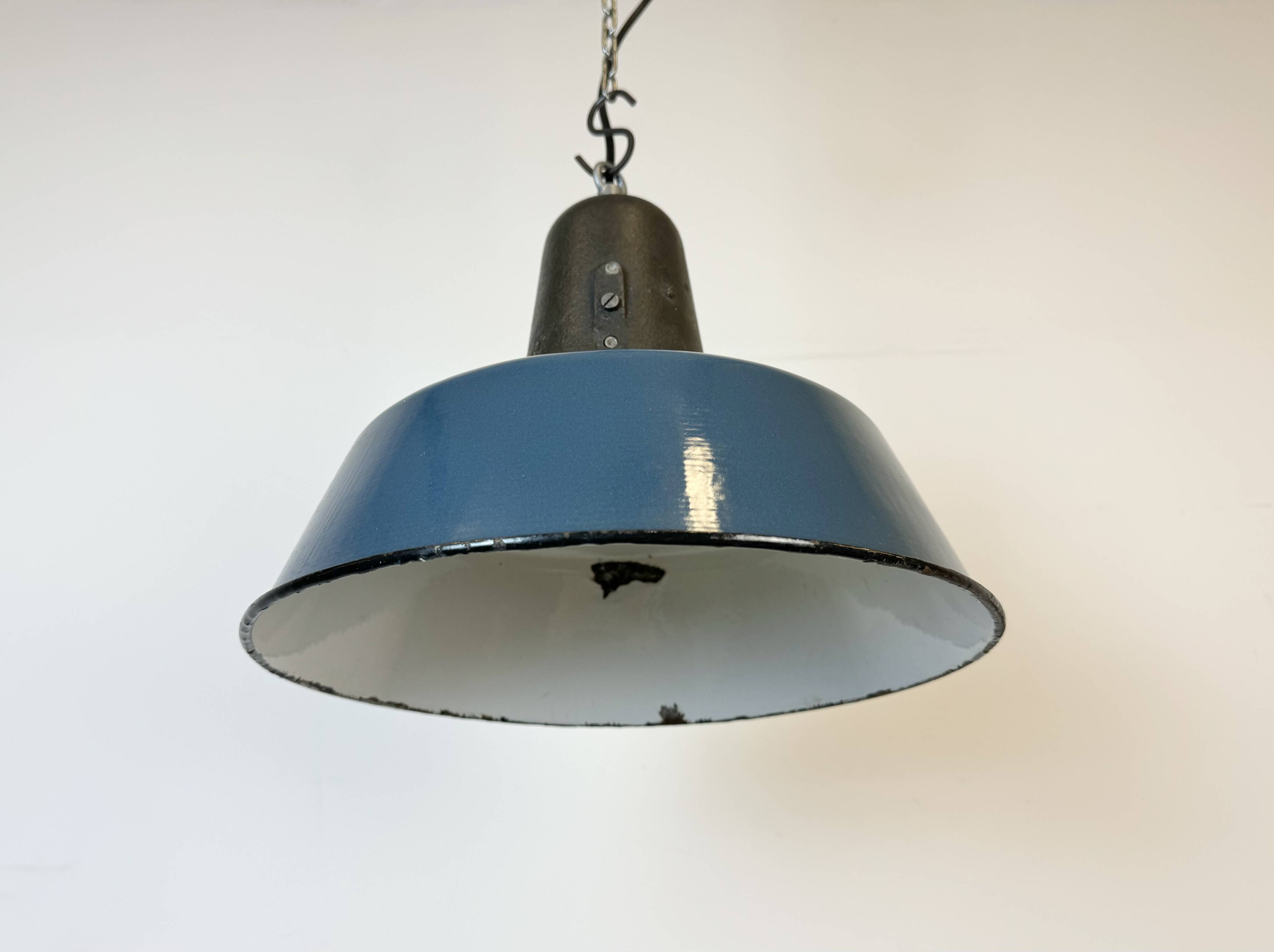 Industrial Blue Enamel Factory Lamp with Cast Iron Top, 1960s