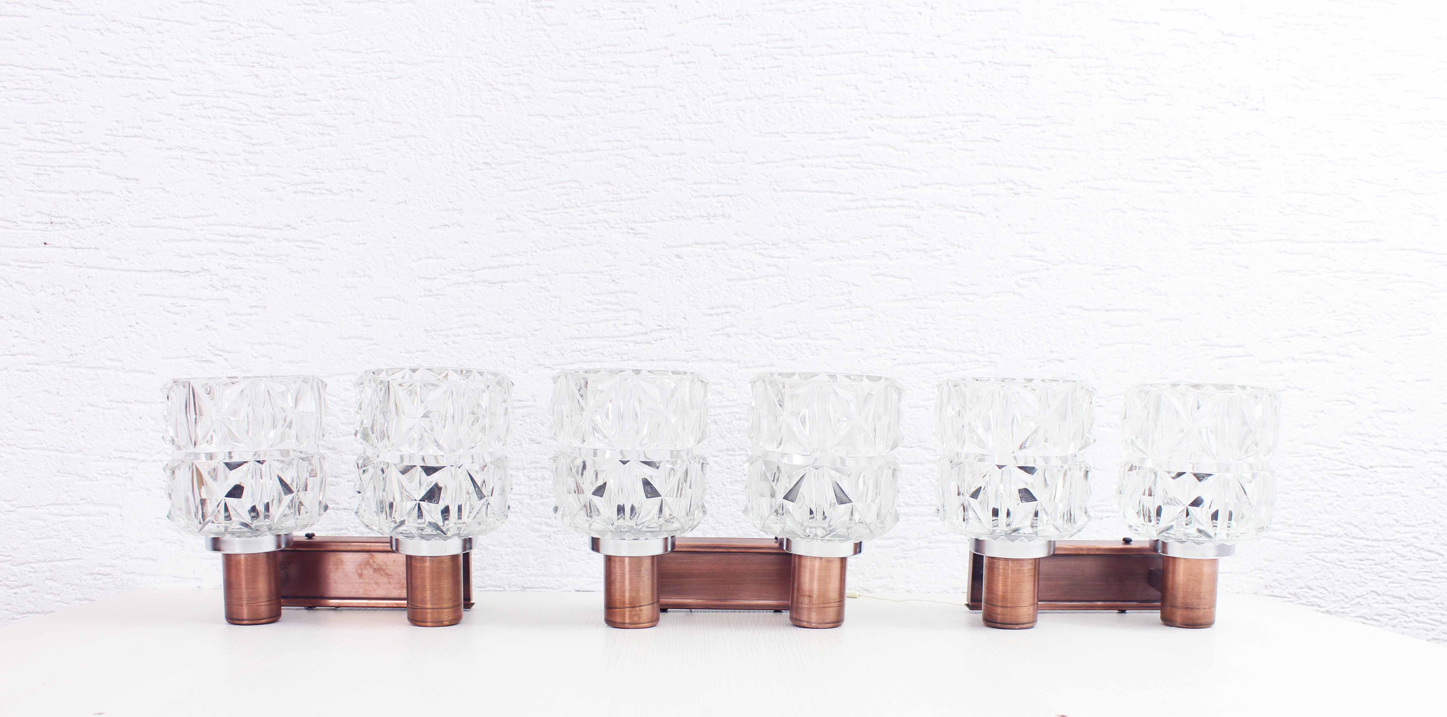 Set de 3 appliques en cuivre et verre