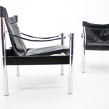 Chaise safari en cuir noir et chrome des années 1970 par johanson design, markaryd