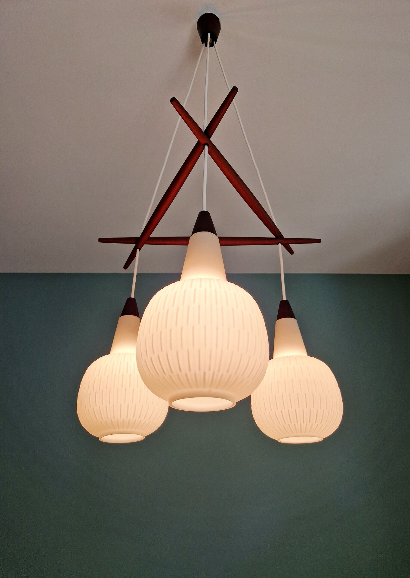 Scandinavian chandelier in teak and white opaline, 1960s