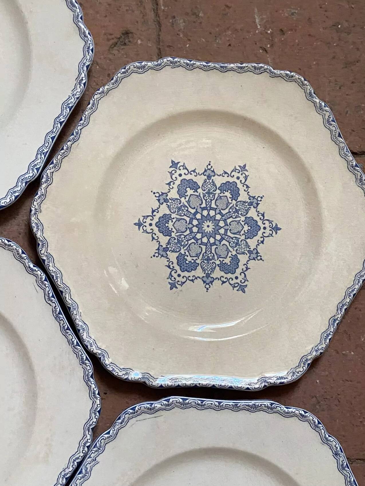 Set of 10 antique 6-sided flat plates – late 19th century earthenware, oriental light blue decor
