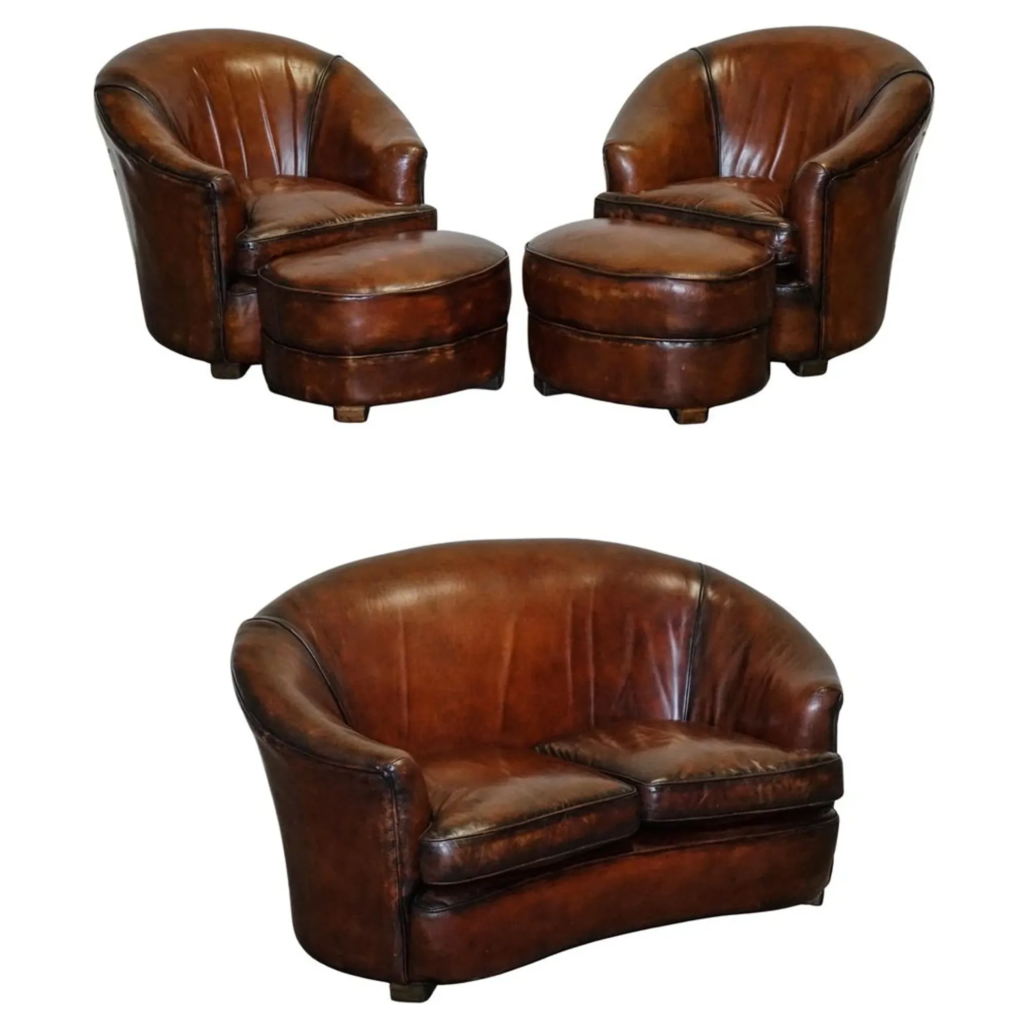 Art Deco Hand-Dyed Whisky Brown Sofa, Armchairs and Ottomans, 1920s, Set of 5