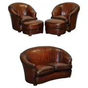 Art Deco Hand-Dyed Whisky Brown Sofa, Armchairs and Ottomans, 1920s, Set of 5