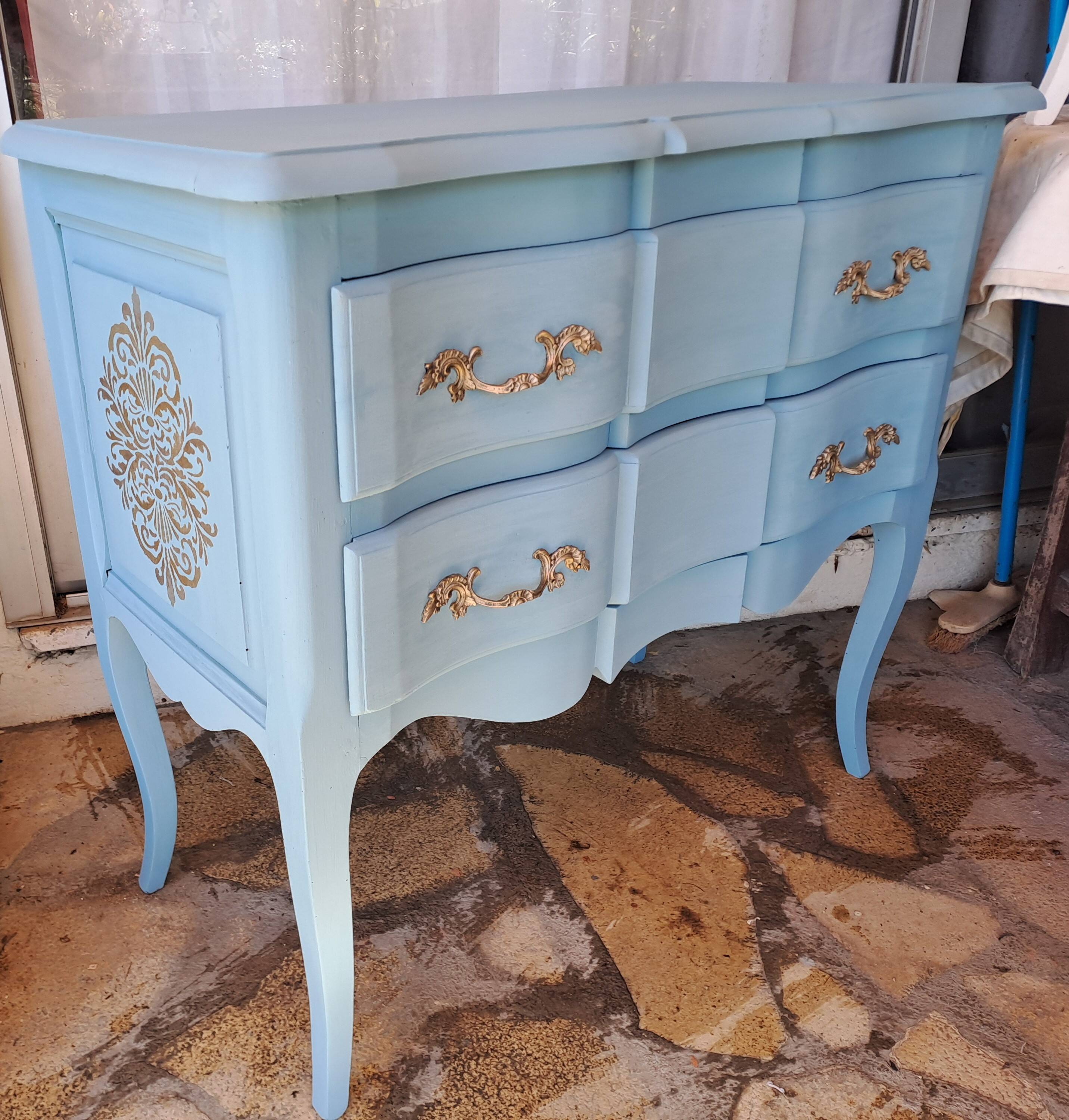 Louis XV style solid wood chest of drawers repainted in lagoon blue with 2 drawers