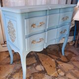 Commode en bois massif repeint bleu lagune style Louis XV à 2 tiroirs