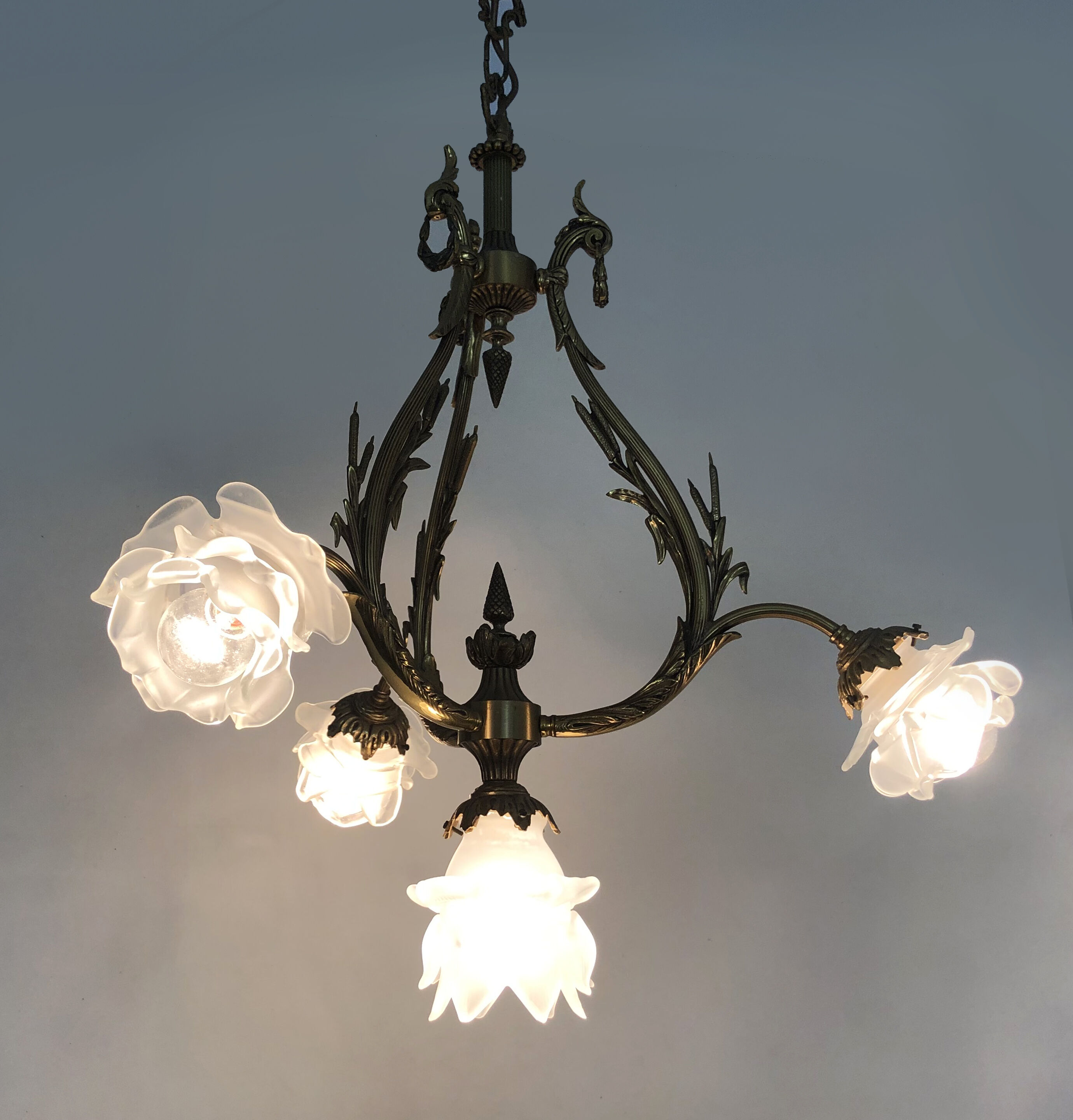 Bronze chandelier with 4-burner glass tulips, chandelier 70s