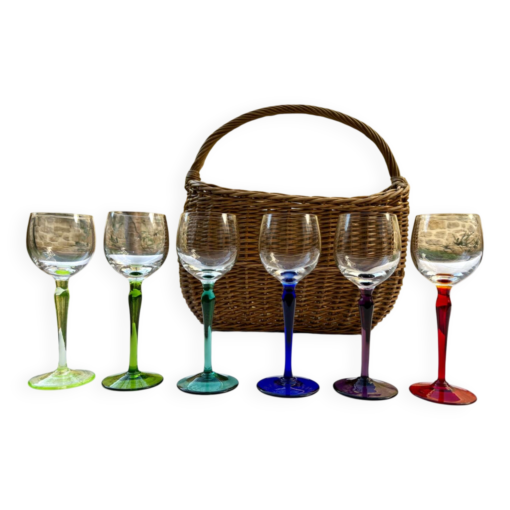 6 crystal glasses with coloured stems