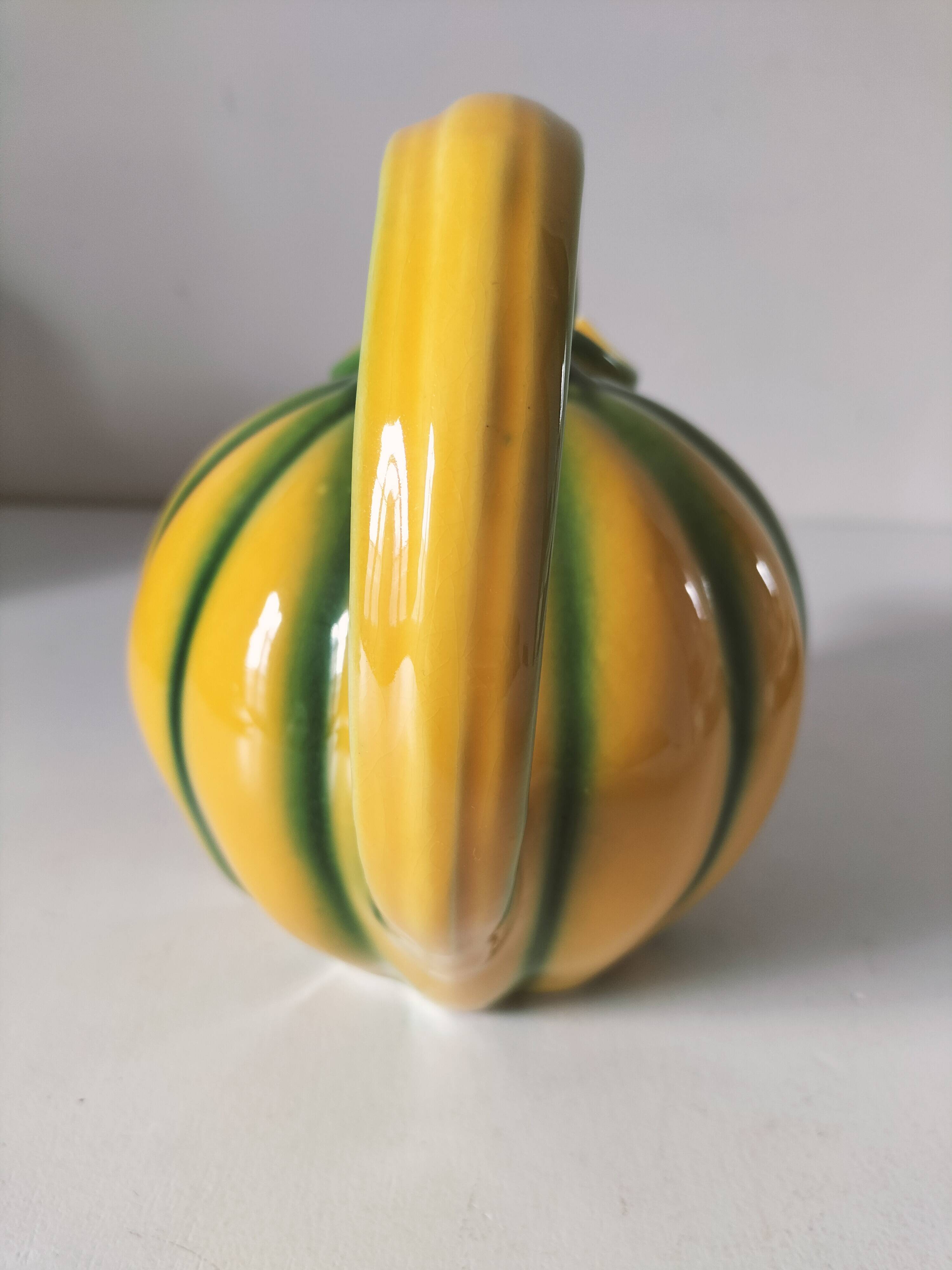 Vintage yellow and green earthenware melon-shaped pitcher – 1950s