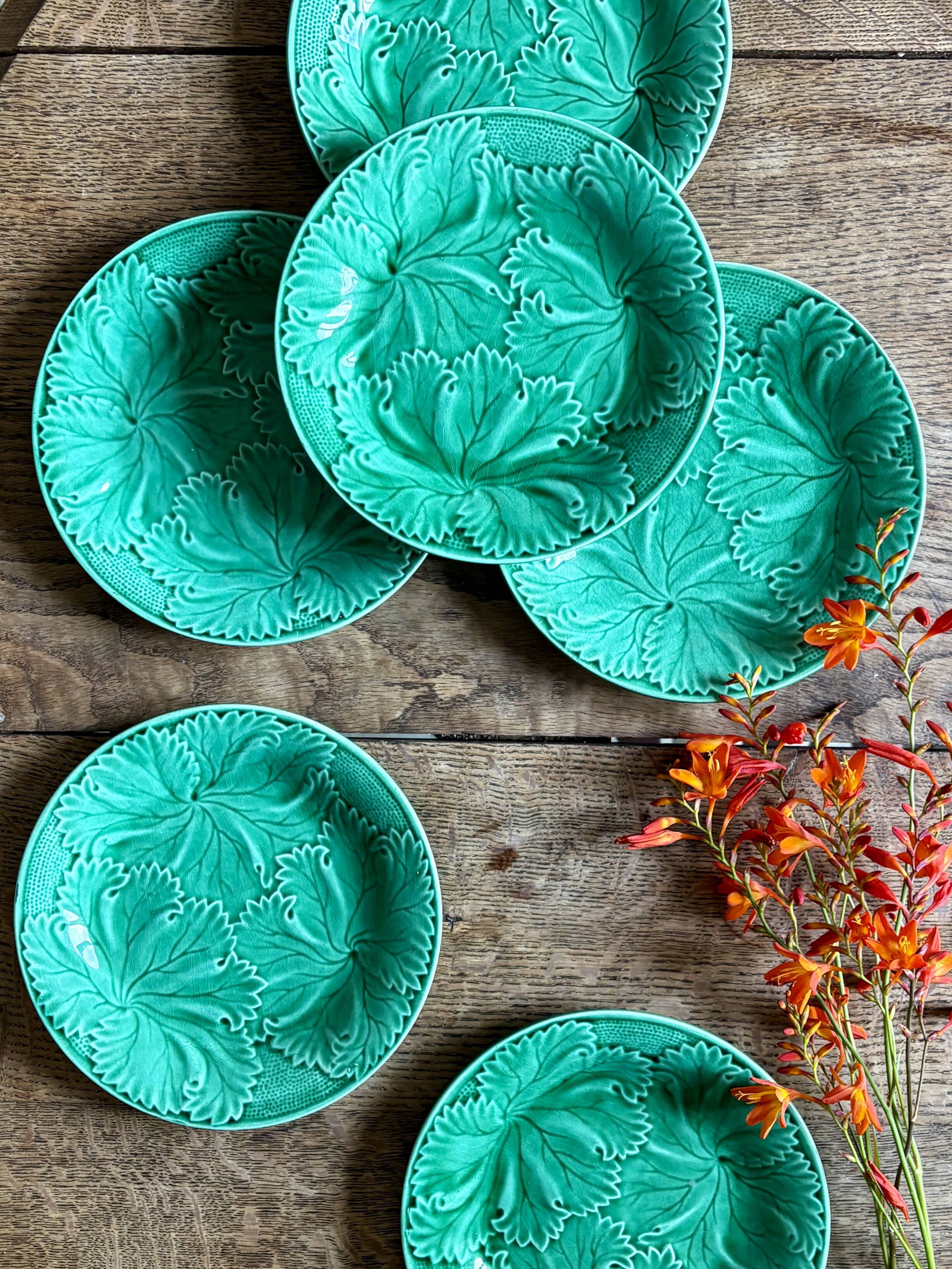 Set of 6 vintage green earthenware plates