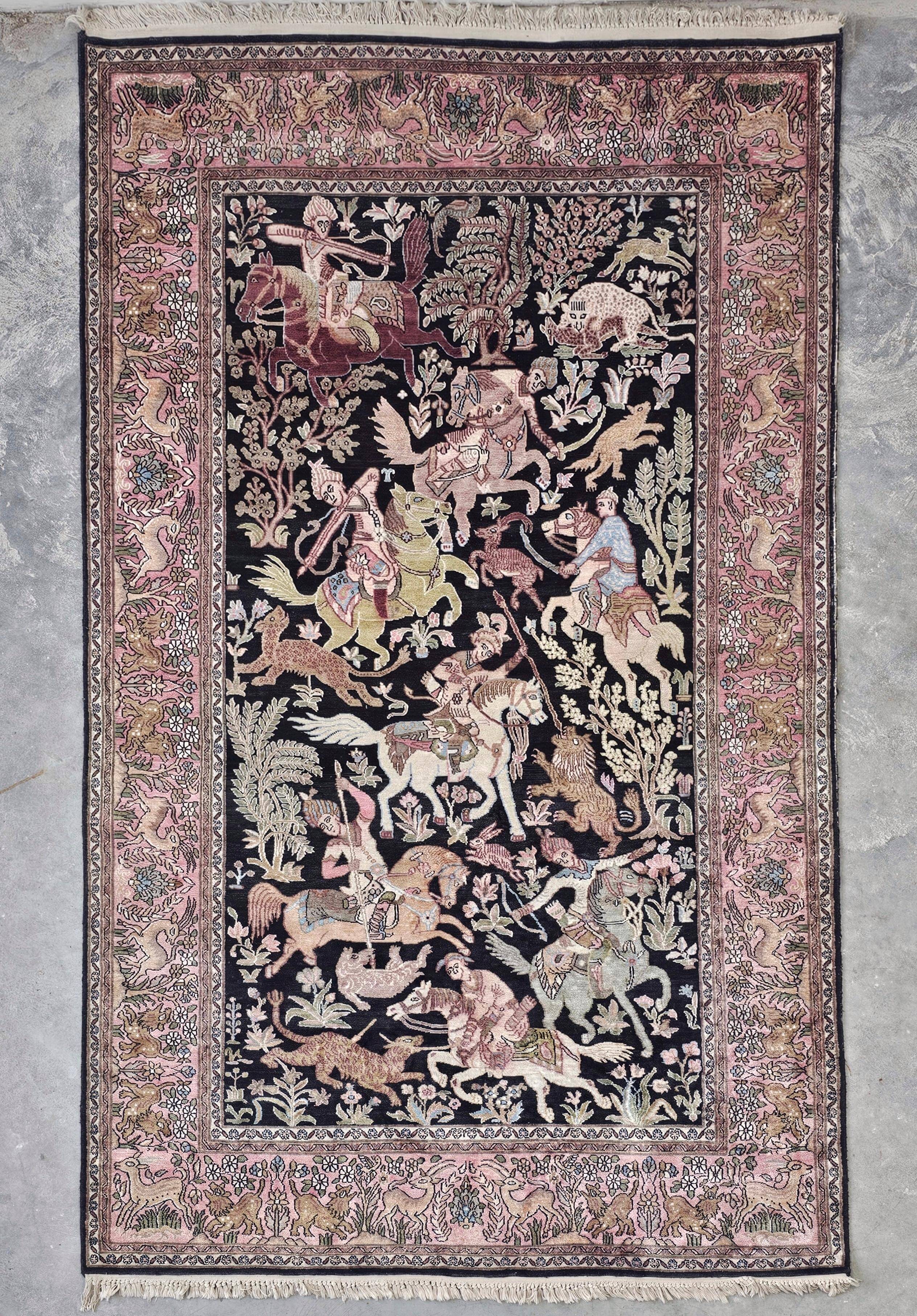 Tapis en soie Qom (soie sur coton) scène de chasse Cachemire 1950s