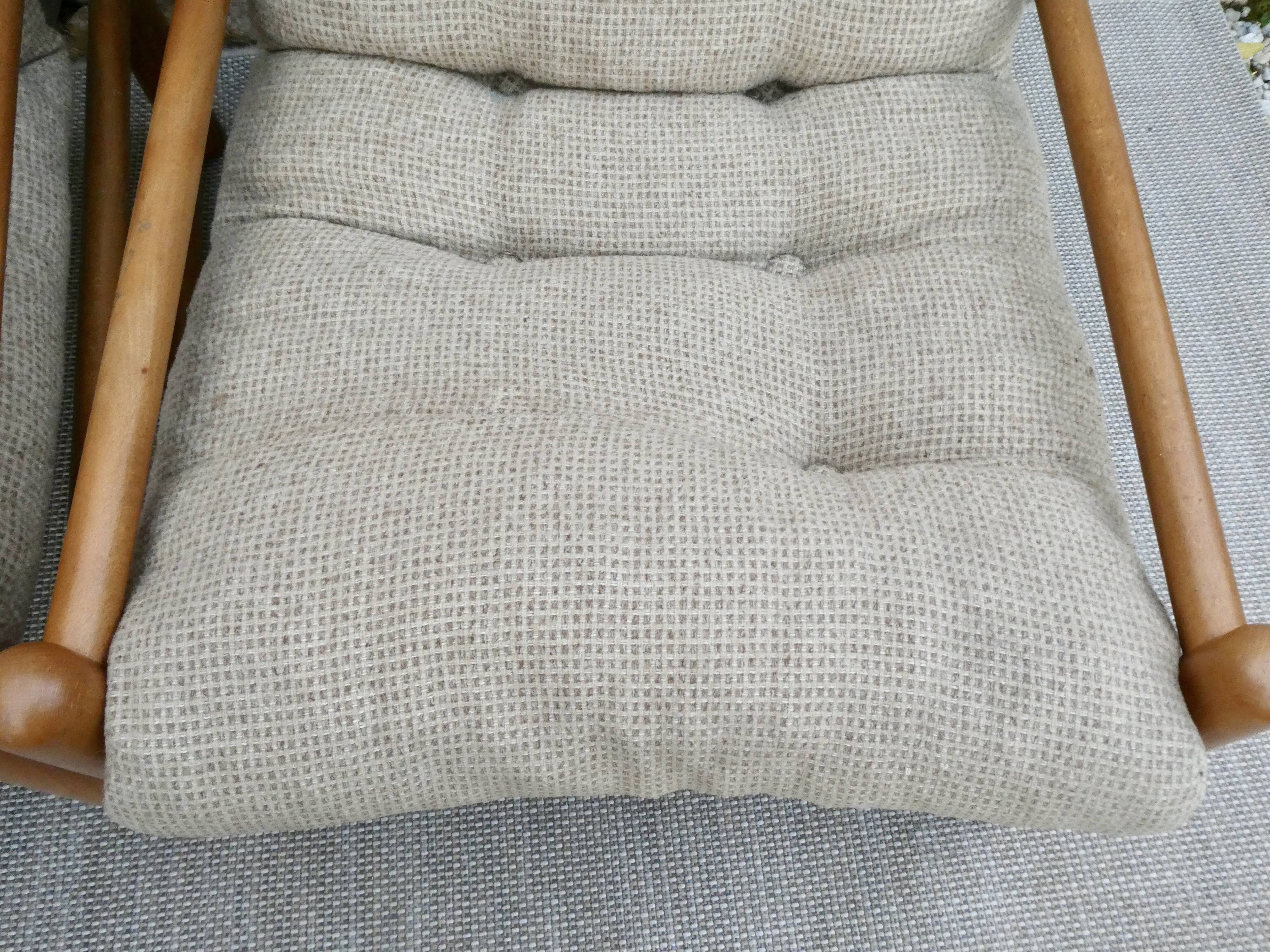 Pair of pine and woolly armchairs, 80s