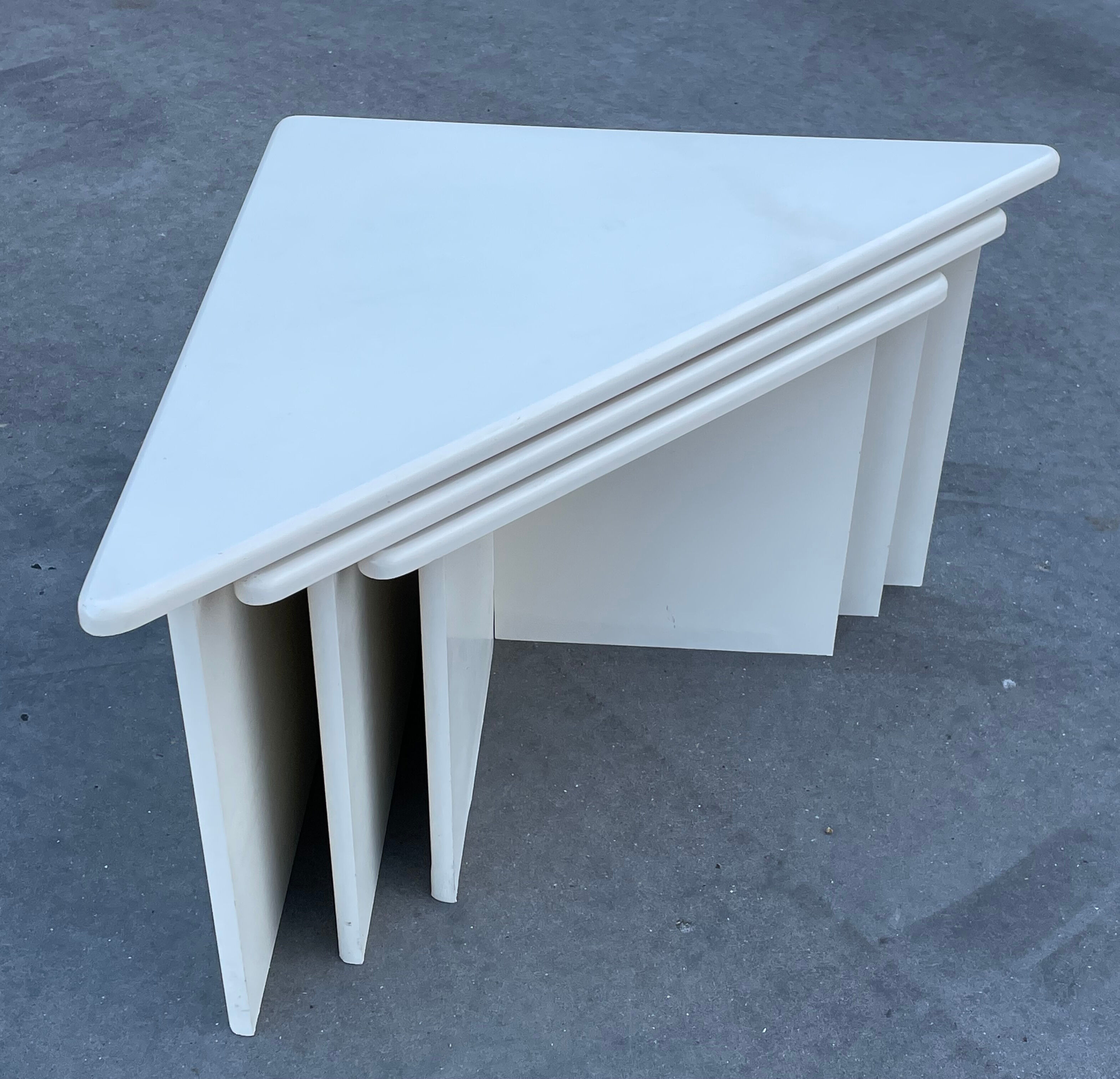 Set of three triangle side tables wood white creme design