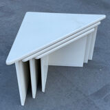 Set of three triangle side tables wood white creme design