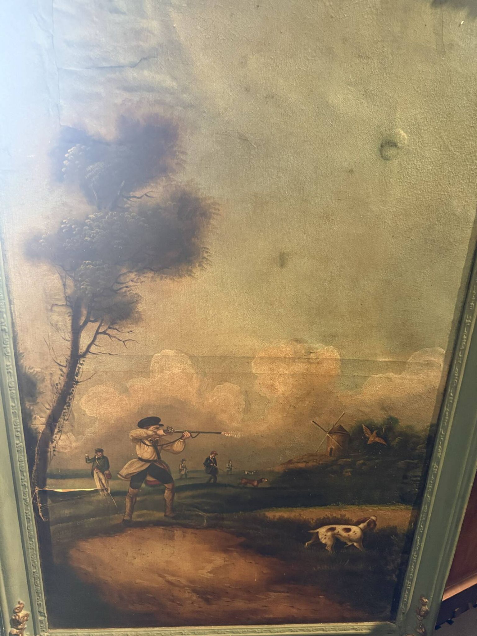 Antique trumeau with hunting scene - Oil on canvas and mirror - Panel