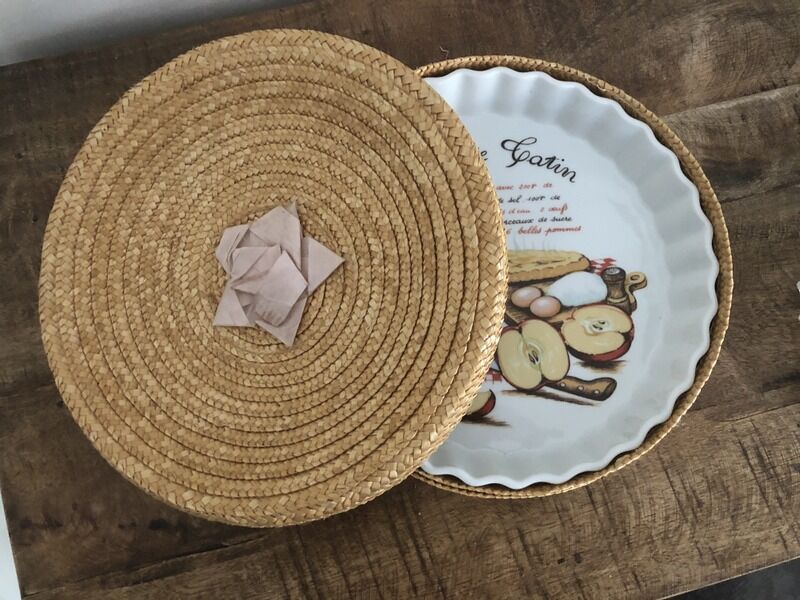 Pie dish in his wicker basket