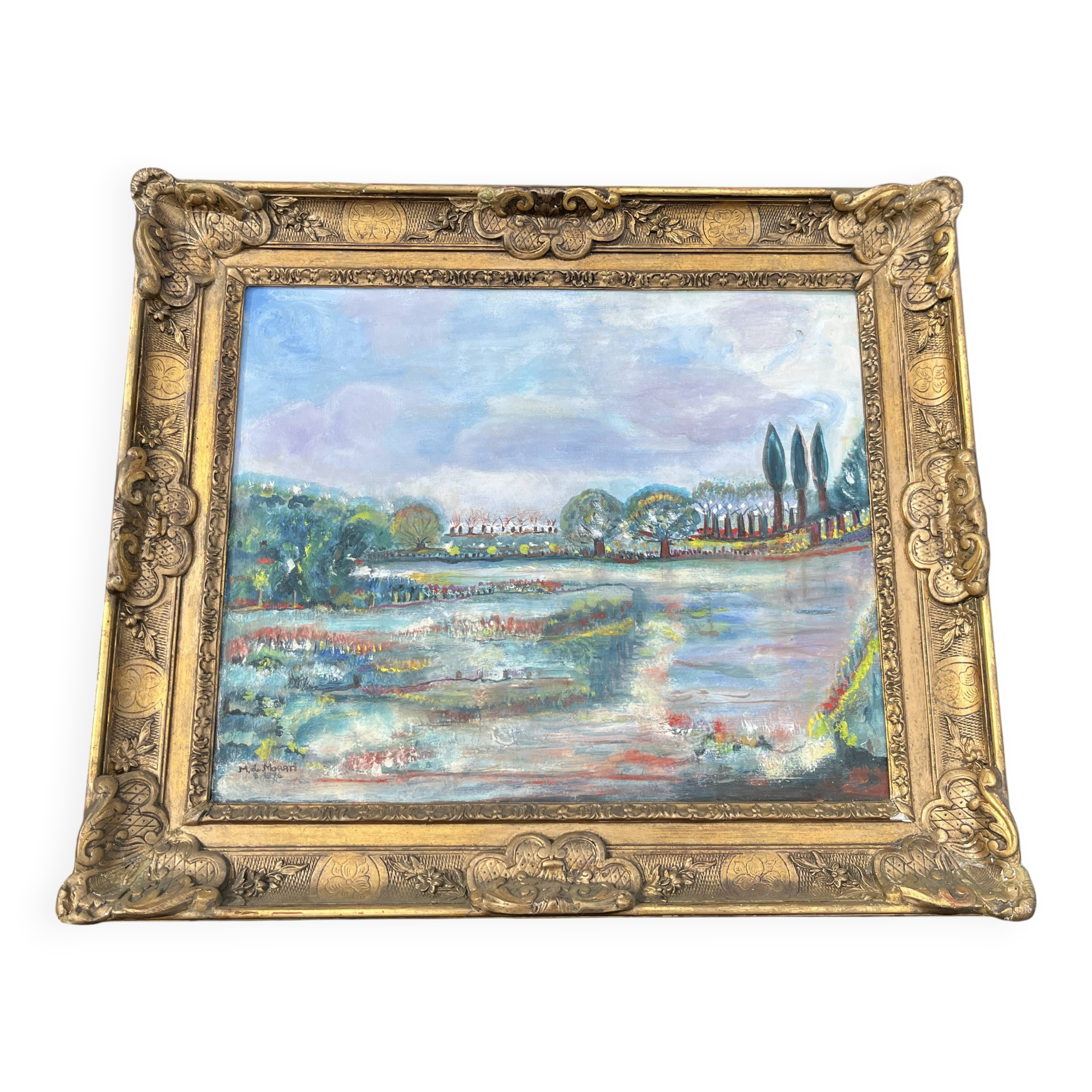 Very beautiful painting Landscape with reflections – M. de Moran 1996 with a 19th century frame
