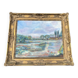 Very beautiful painting Landscape with reflections – M. de Moran 1996 with a 19th century frame