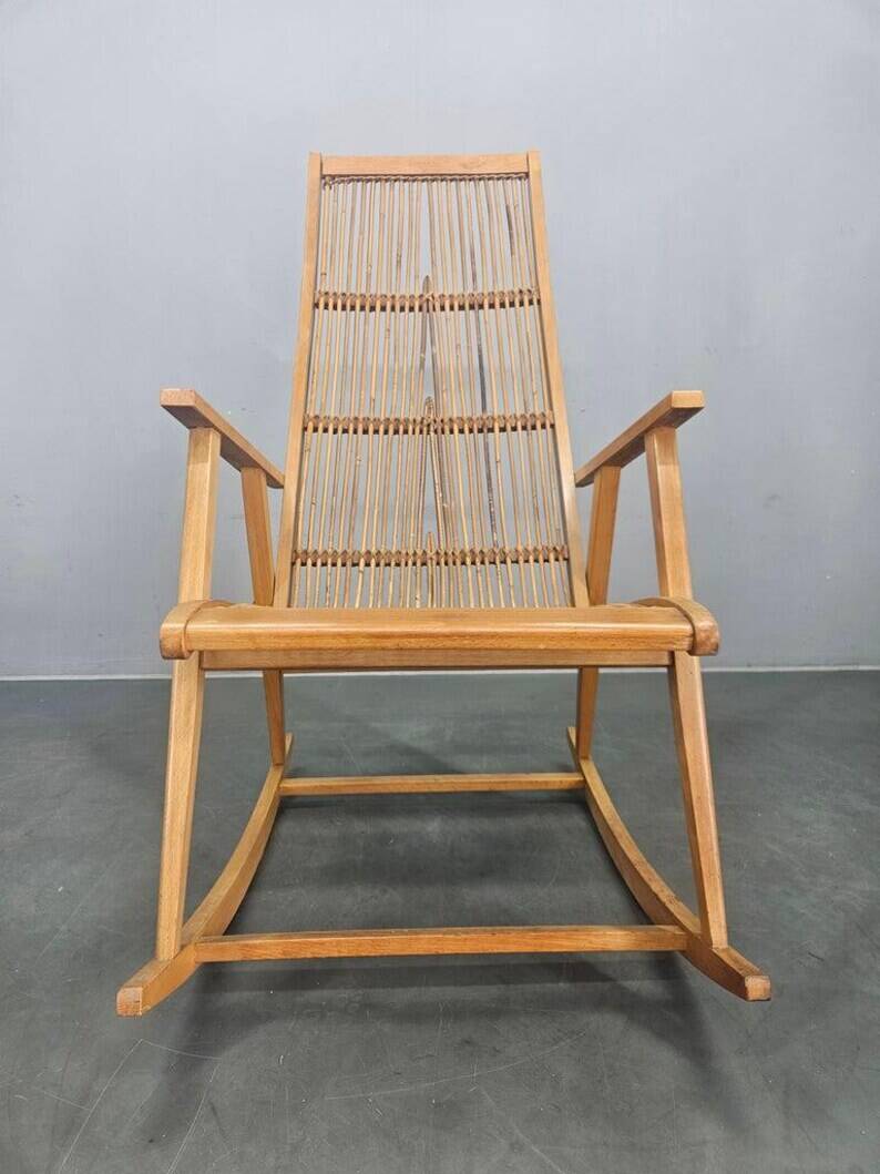 Rare Midcentury Wood and Rattan Rocking Chair, Denmark, 1960s