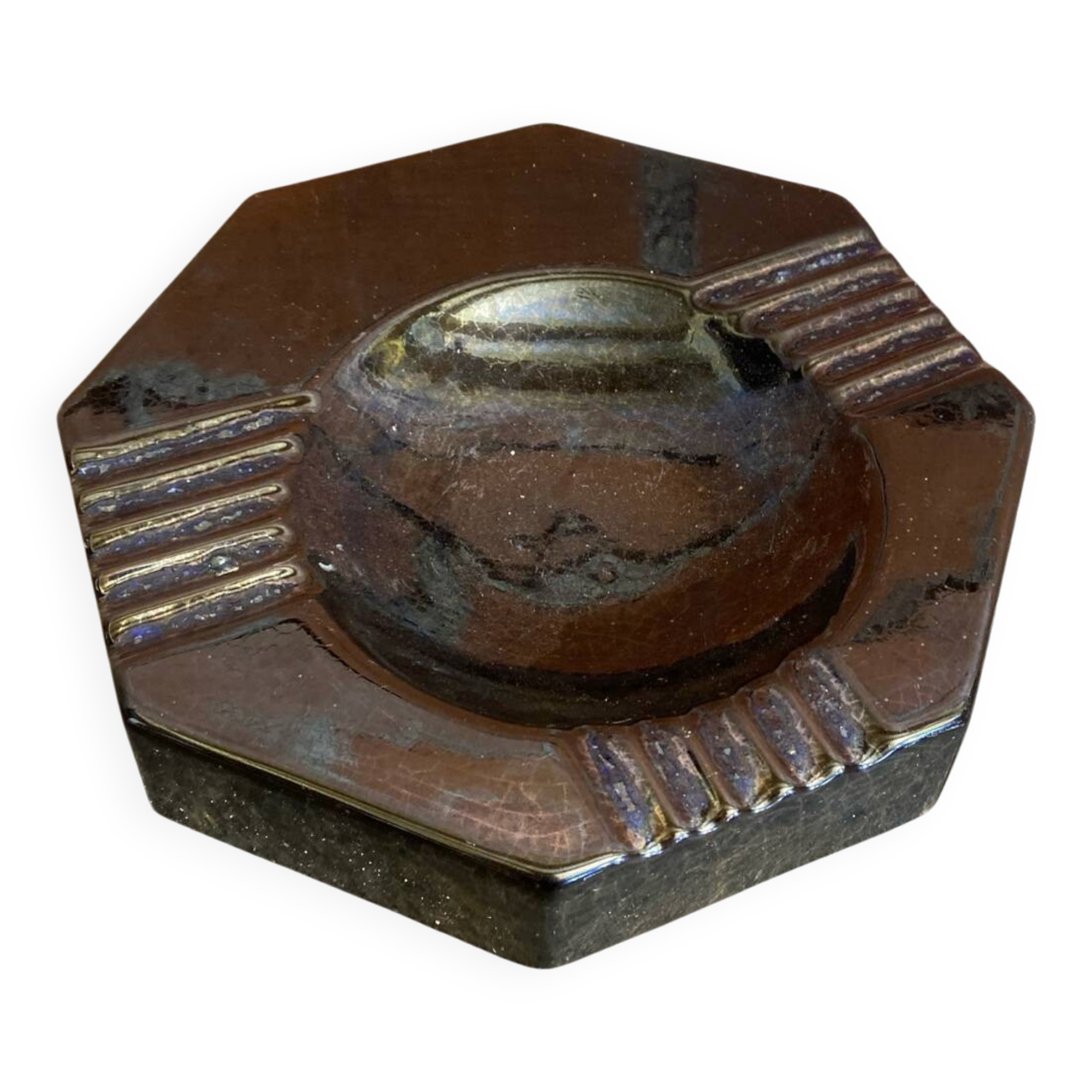 Vintage Black Cracked Ceramic Octagonal Ashtray S. BESSY