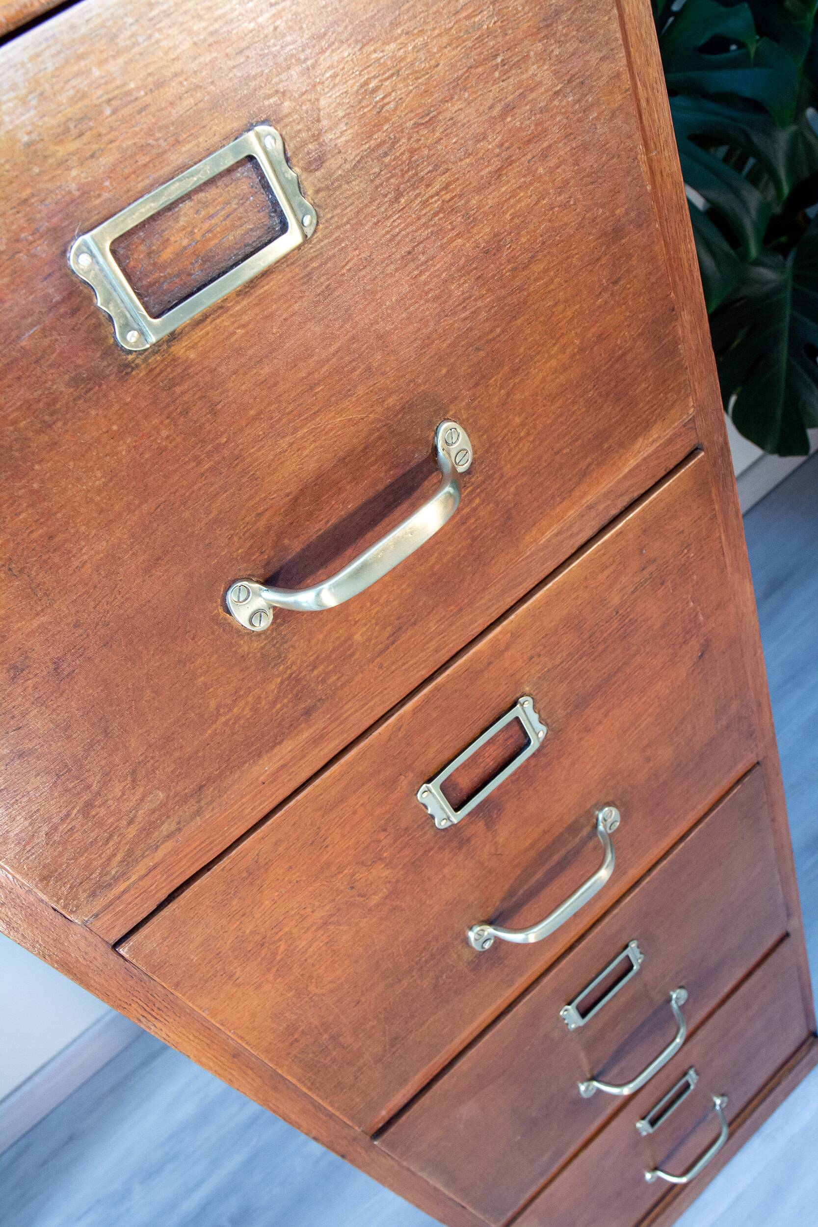 Old file cabinet, oak and brass, early 20th century