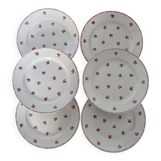 6 old Belgian earthenware dessert plates Nimy red pattern
