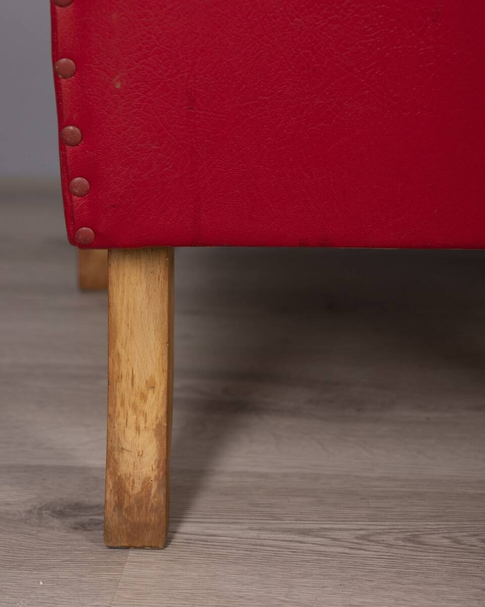 Pair of vintage 1950's armchairs in red leather, italian design