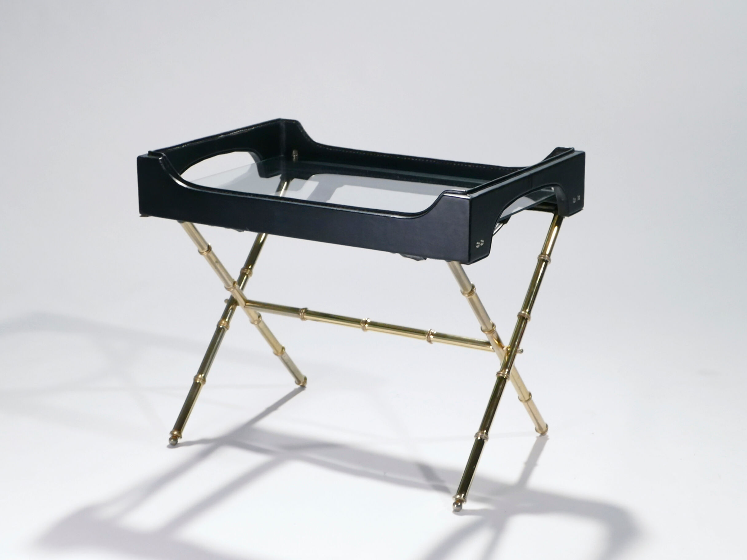 Side table and brass tray leather 1950