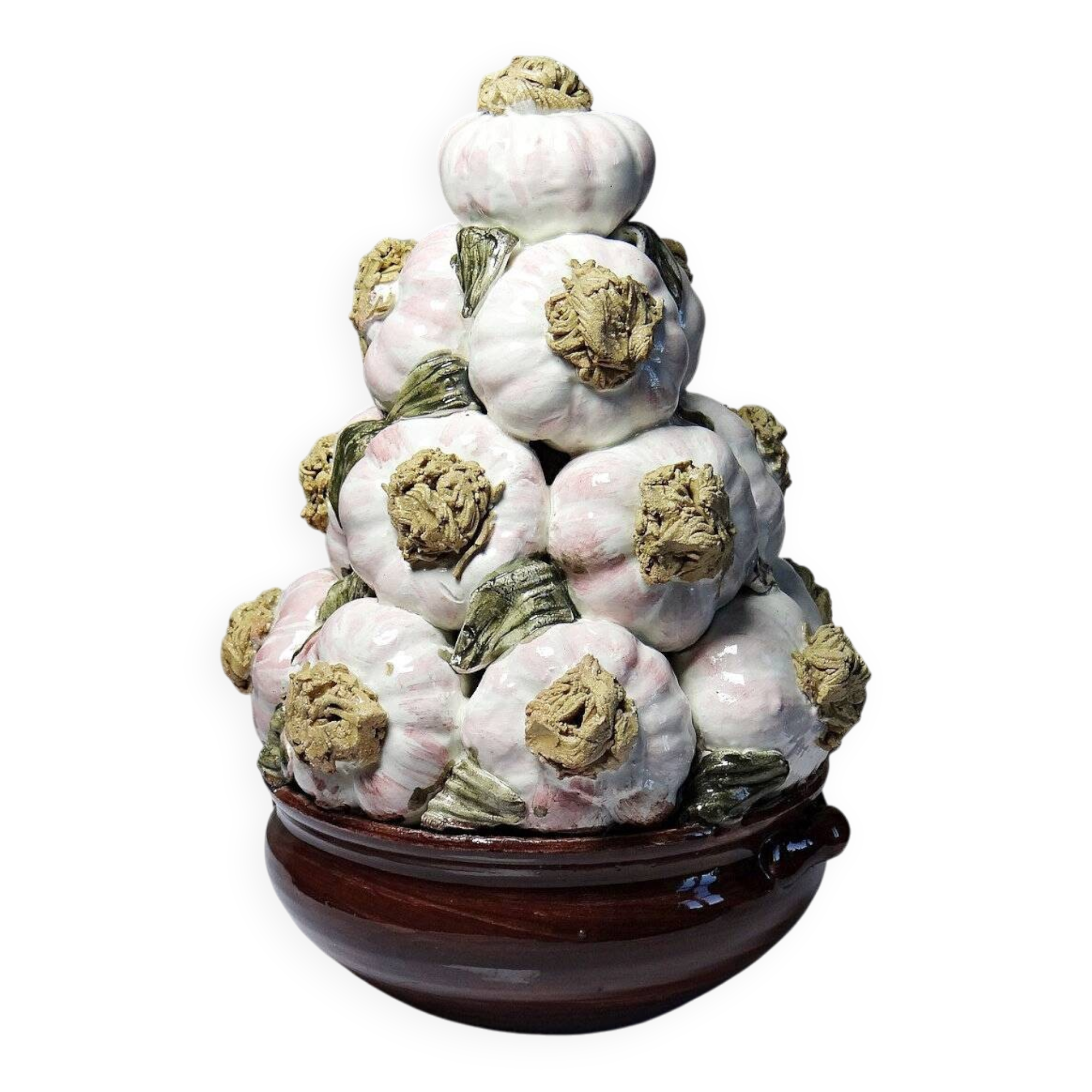 Vintage trompe-l'œil garlic pyramid in glazed ceramic from Manises, Spain.