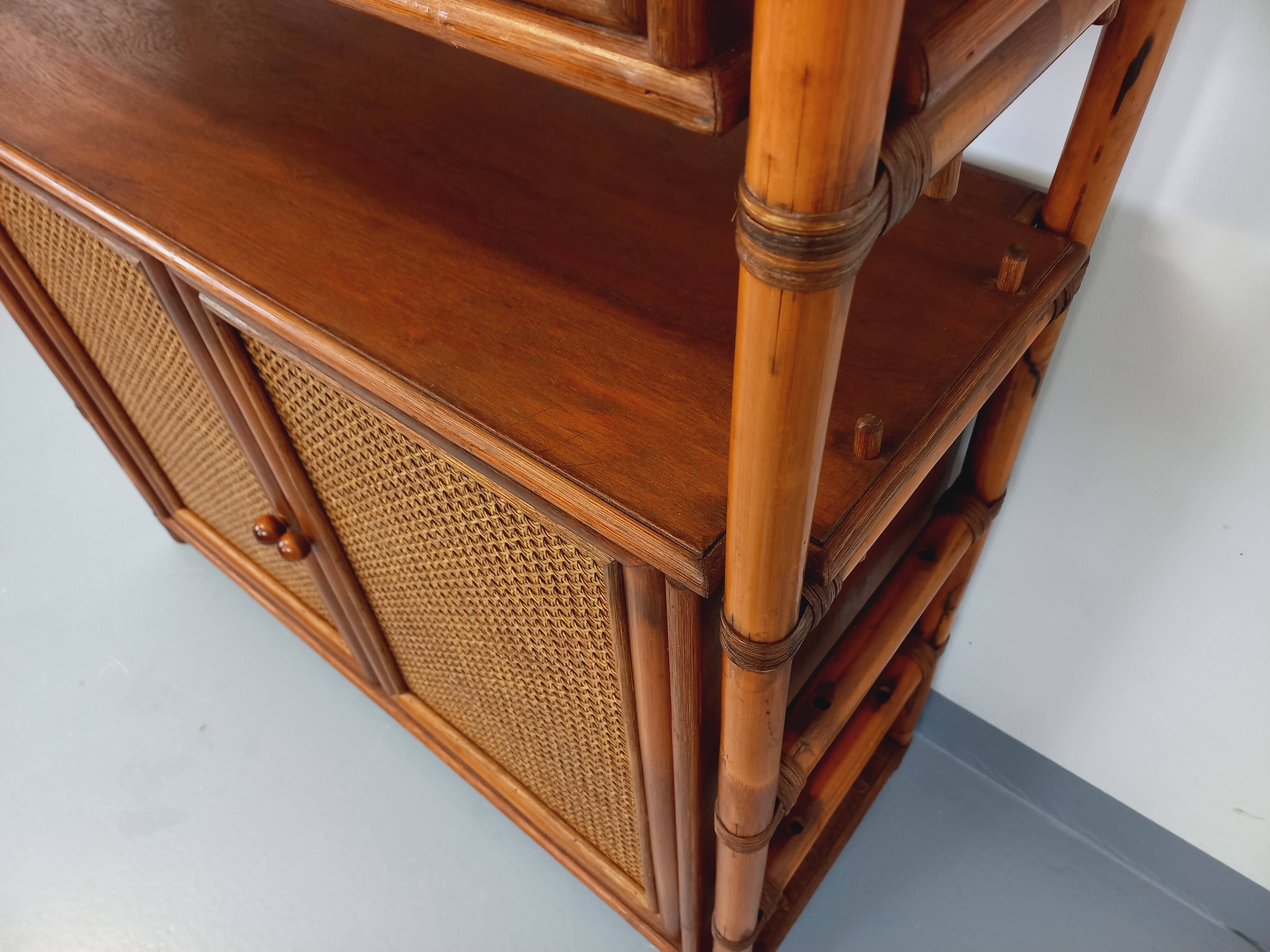 Large vintage rattan, wood and cane bookcase from the 70s
