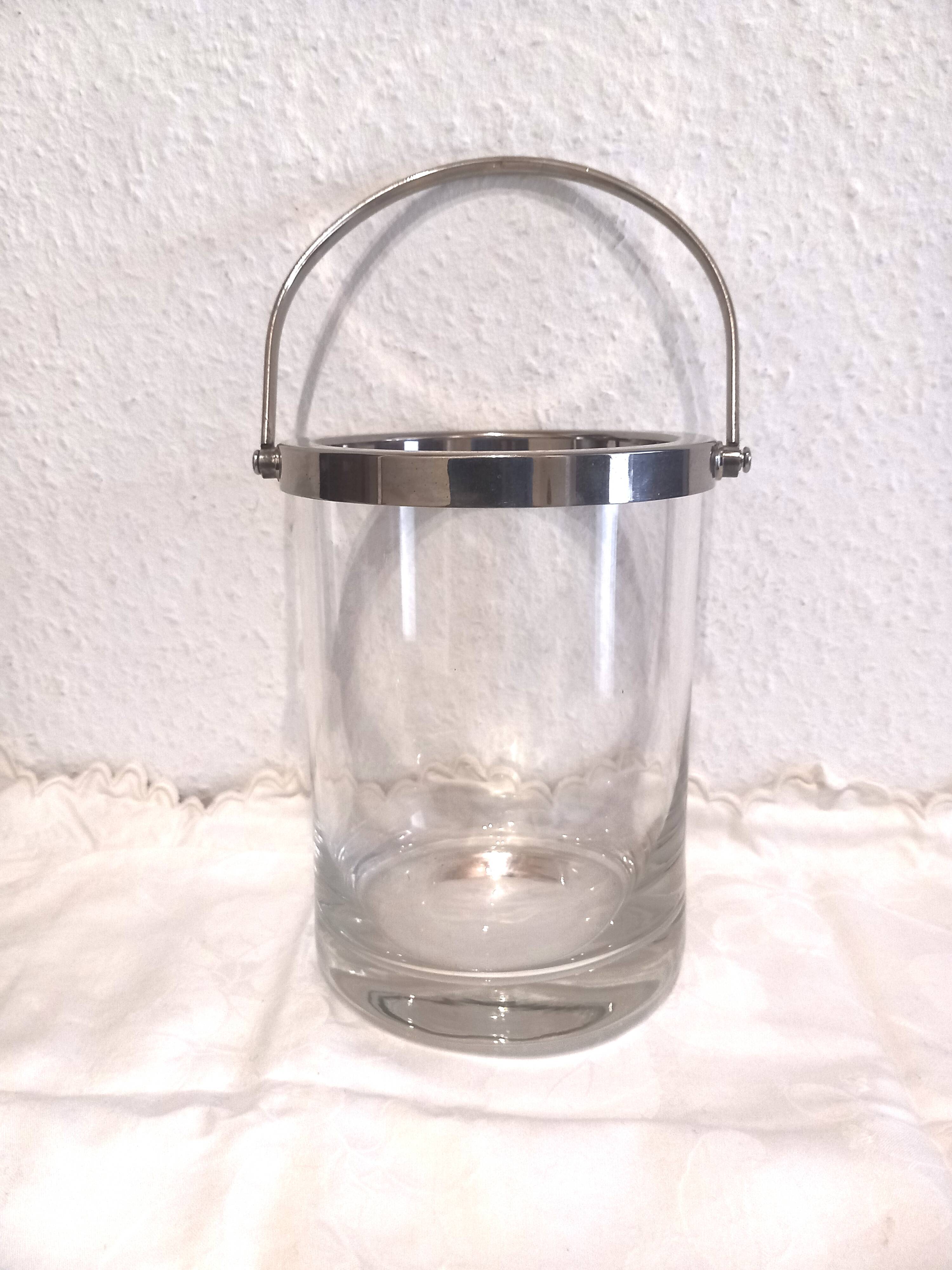 Glass and silver metal ice bucket