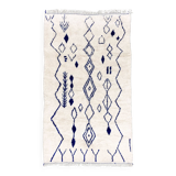 Moroccan Berber rug Azilal ecru with majorelle blue patterns 2.65x1.53m