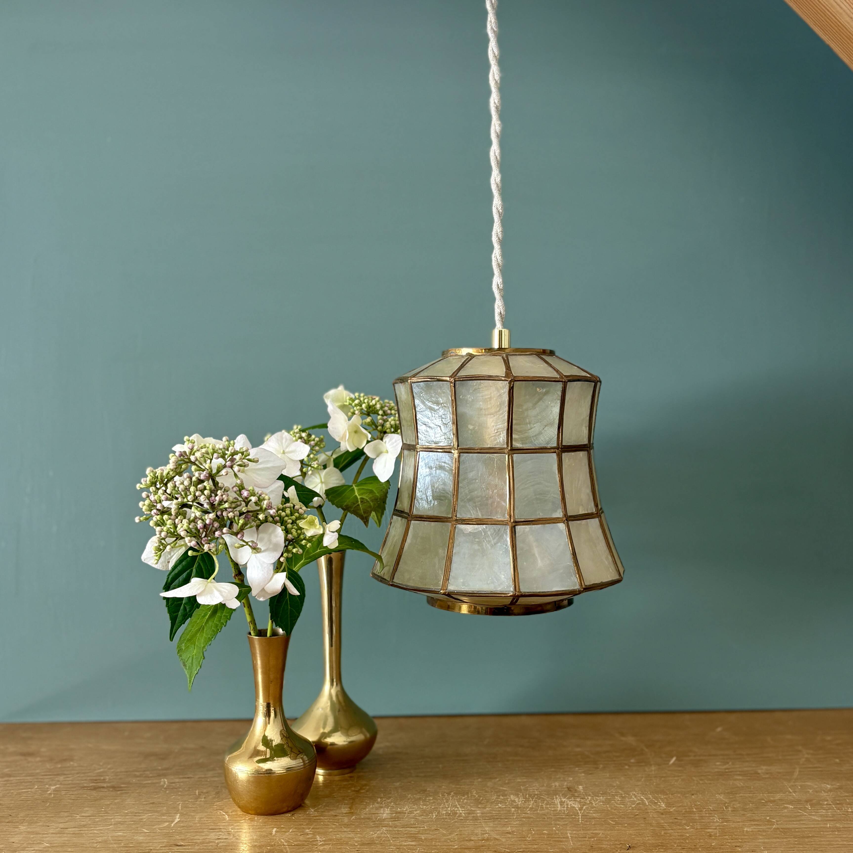 Vintage mother-of-pearl and brass lampshade pendant light