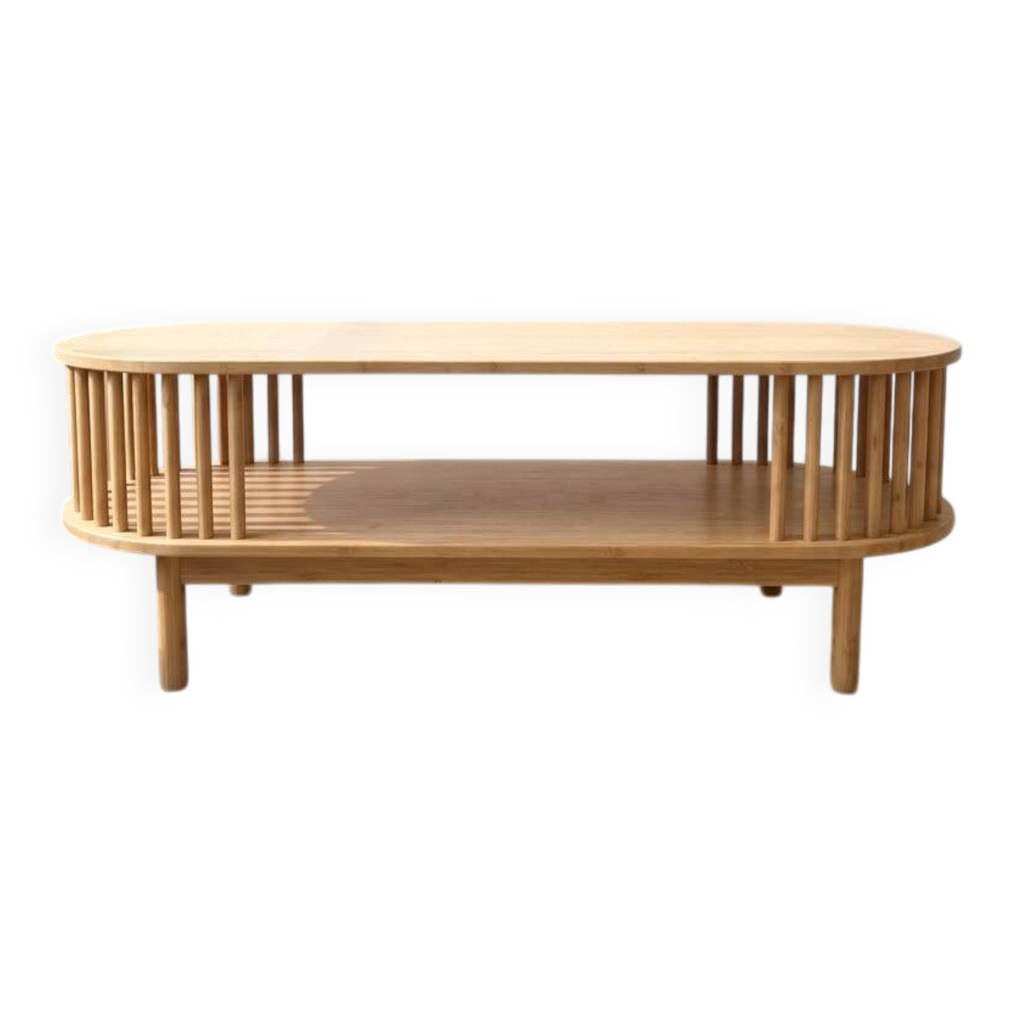 Oval bamboo coffee table - Japandi / Scandinavian design - 2 beige tops