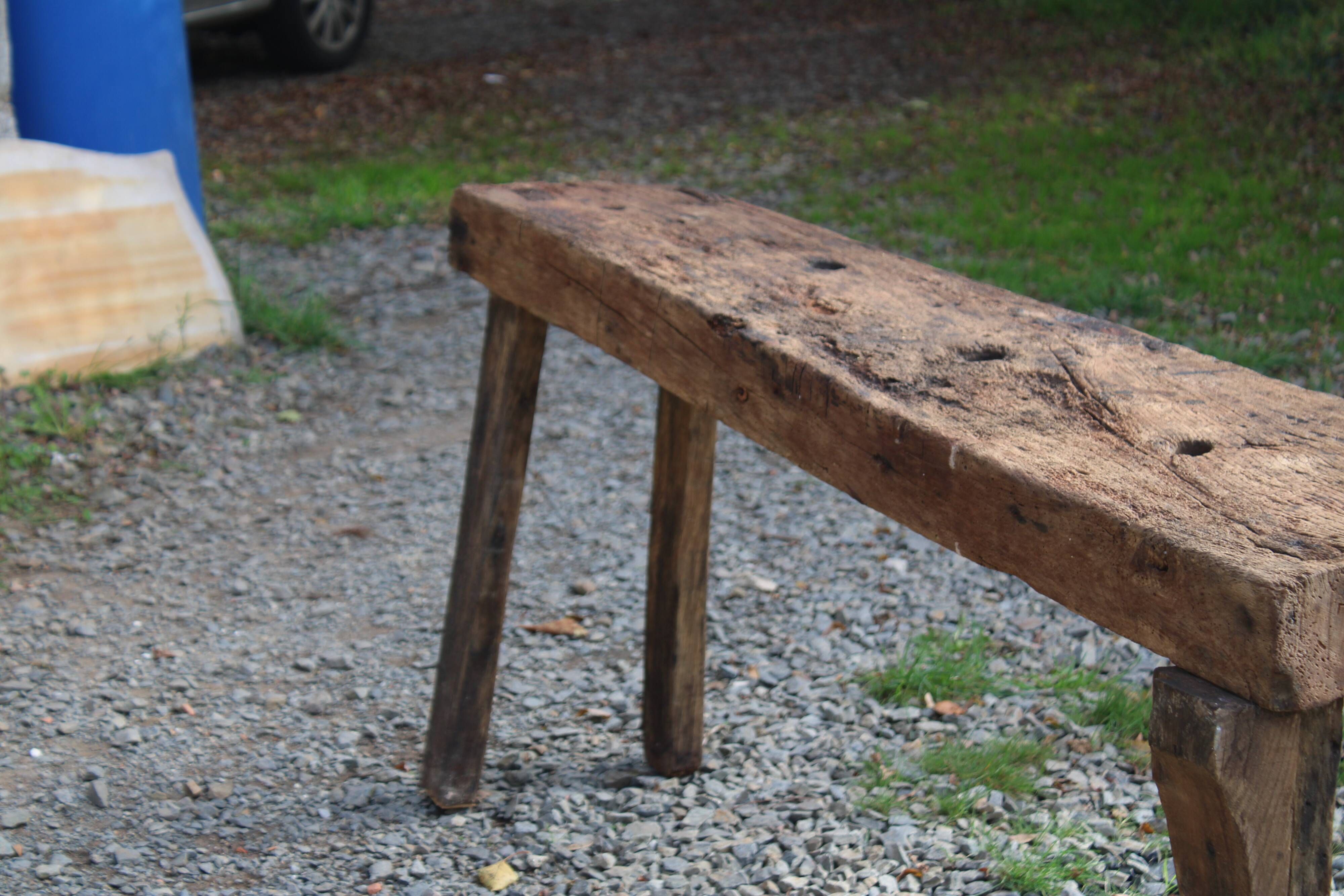 Old solid wood workbench – character console, thick top – 165 cm