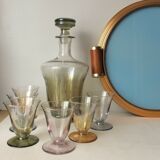 Aperitif liqueur service in iridescent glass on tray