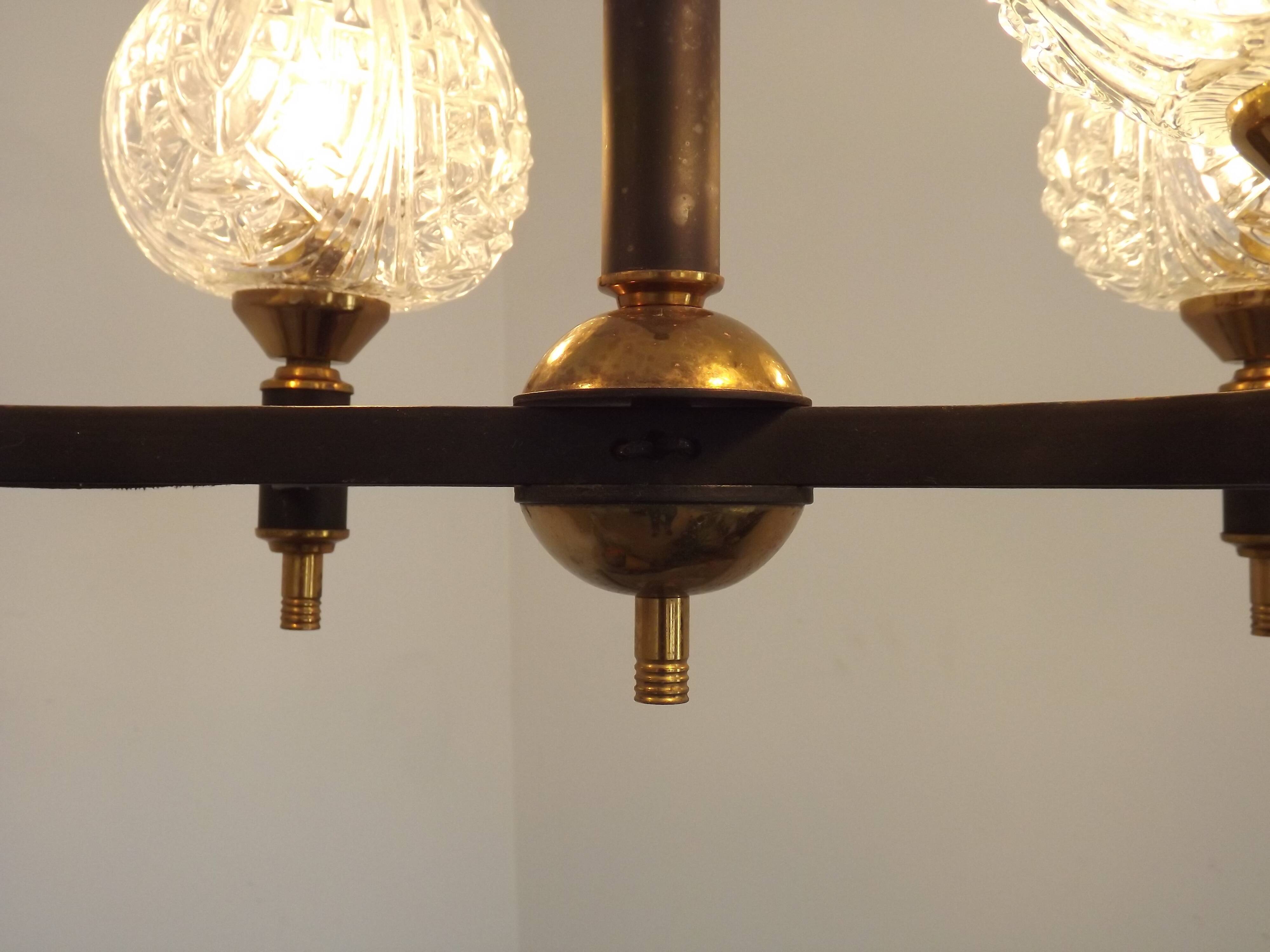 French Vintage Retro Mid Century Black & Gold 4 Arm Chandelier with Glass Shades 5015