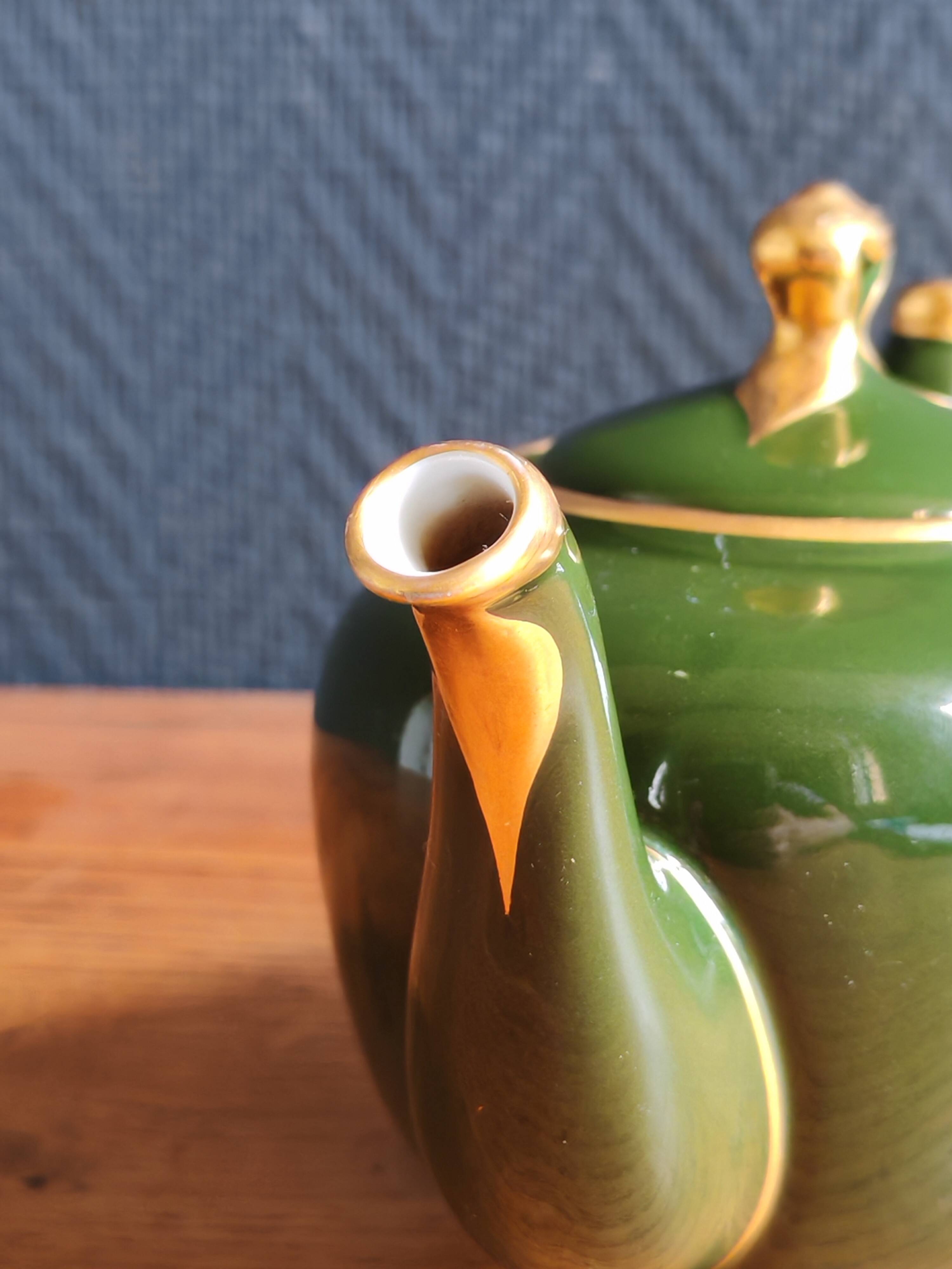 Vintage Teapot Mehun France Numbered, Green and Gold Porcelain