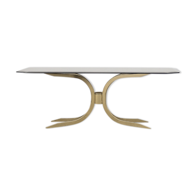 Table basse glamour vintage en laiton doré Hollywood Regency avec plateau en verre, années 1970