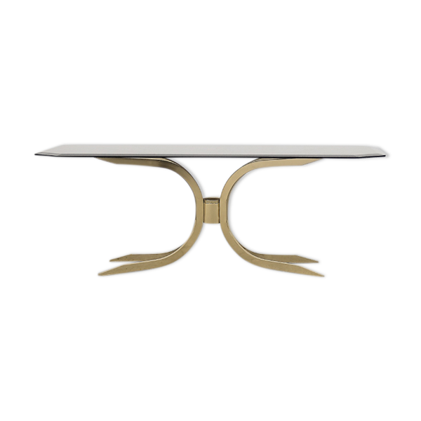 Table basse glamour vintage en laiton doré Hollywood Regency avec plateau en verre, années 1970