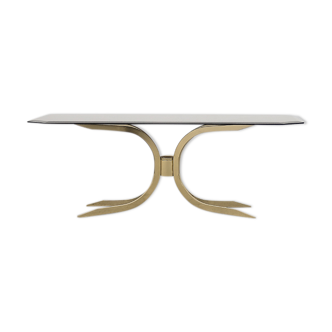 Table basse glamour vintage en laiton doré Hollywood Regency avec plateau en verre, années 1970