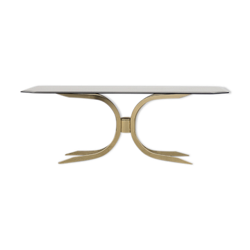 Table basse glamour vintage en laiton doré Hollywood Regency avec plateau en verre, années 1970