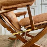 Folding armchair relax vintage wood and velvet with armrests - 70's