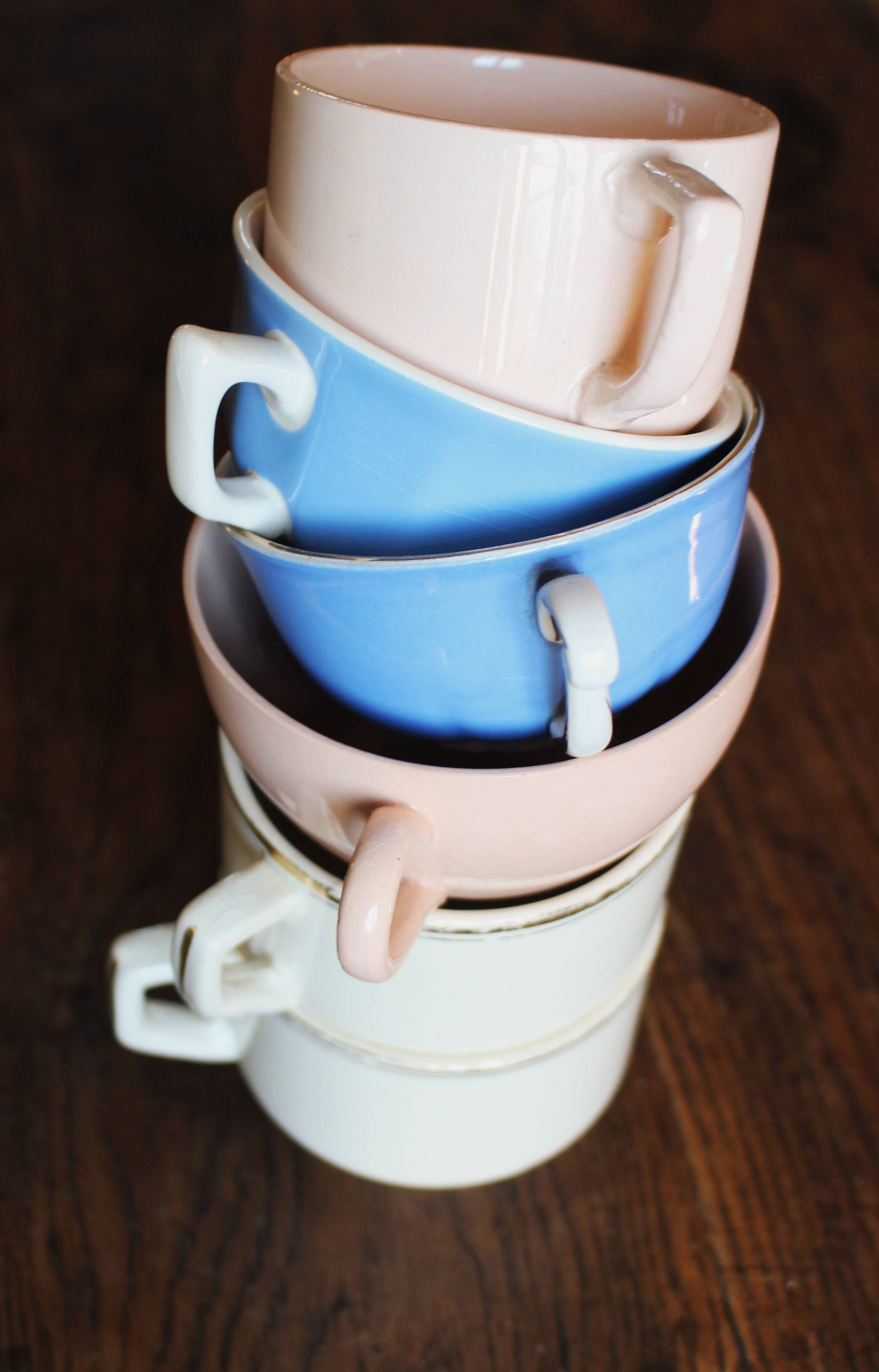 A set of 6 pink, blue, and cream cups from Digoin Céranord Villeroy Art Deco.