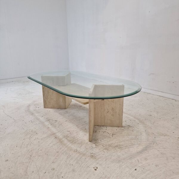Italian Coffee Table in Travertine and Facet Cut Glass, 1980s